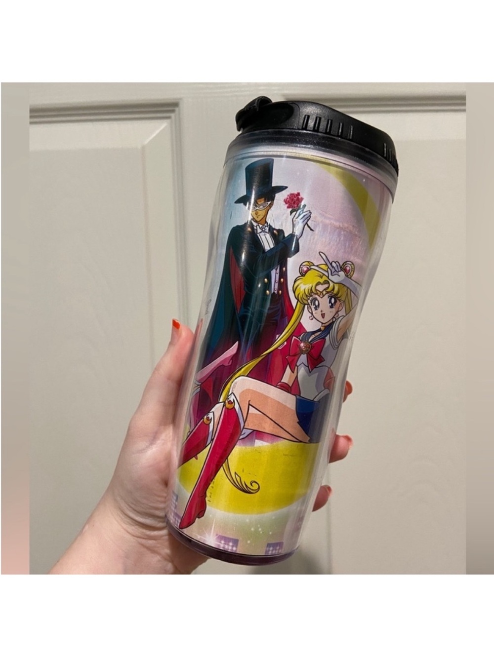 Sailor Moon Themed Double-Wall Travel Tumbler with Black Lid - Pink & Yellow